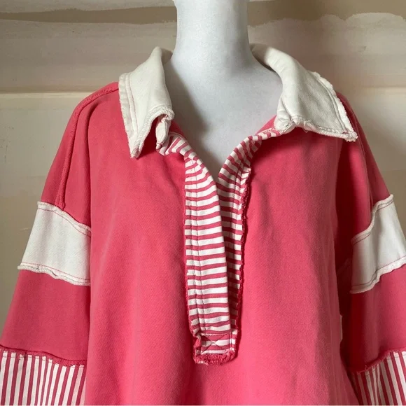 Free People We The Free Clean Prep Pink Long Sleeve Oversized Polo size Small - Picture 4 of 10